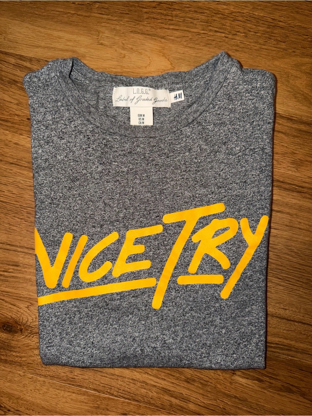 H&M Men's Heather Gray Crewneck Sweatshirt with Yellow 'Nice Try' Graphic